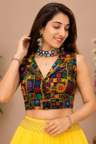 yellow fancy plain lehenga with kutch work blouse for navratri - full stitched free size
