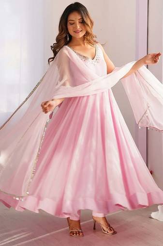 Baby pink elegant georgette zari & real mirror work anarkali set