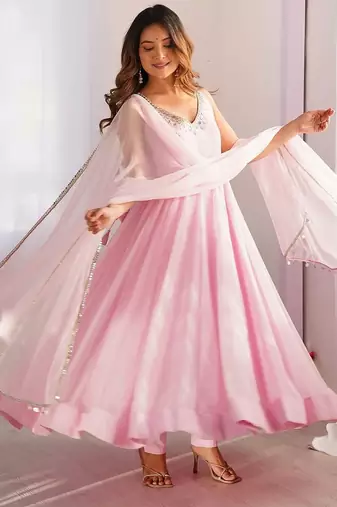 Baby pink elegant georgette zari & real mirror work anarkali set