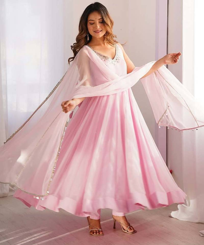 Baby pink elegant georgette zari & real mirror work anarkali set