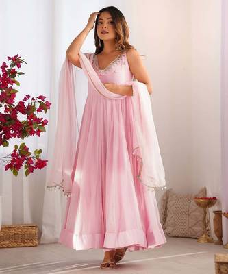 Baby pink elegant georgette zari & real mirror work anarkali set 2