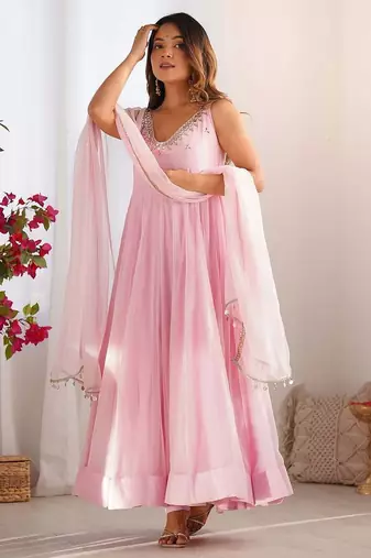 Baby pink elegant georgette zari & real mirror work anarkali set