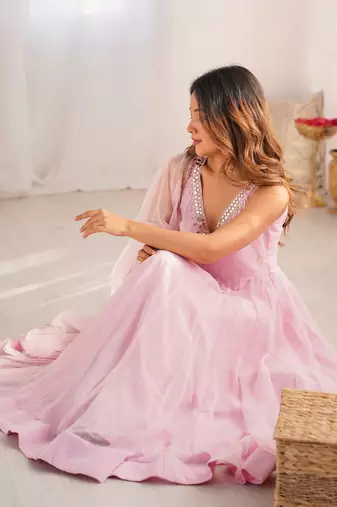 Baby pink elegant georgette zari & real mirror work anarkali set