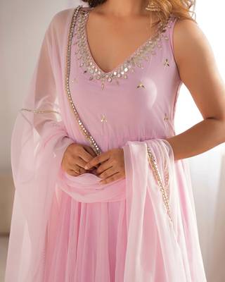 Baby pink elegant georgette zari & real mirror work anarkali set 4