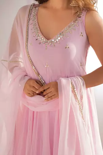 Baby pink elegant georgette zari & real mirror work anarkali set