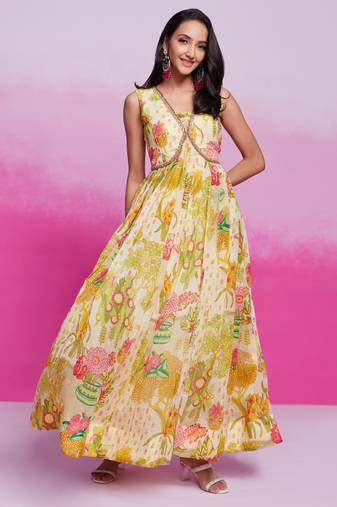 Lime yellow printed organza gown with handwork