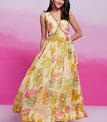 Lime yellow printed organza gown with handwork