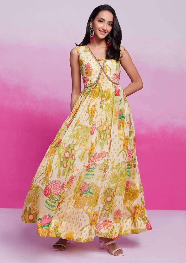 Lime yellow printed organza gown with handwork
