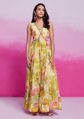 Lime yellow printed organza gown with handwork 2