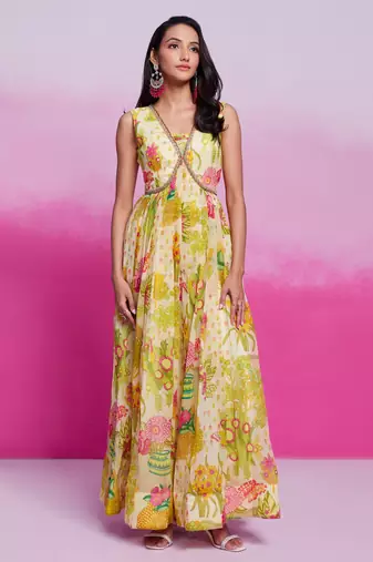 Lime yellow printed organza gown with handwork