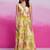 Lime yellow printed organza gown with handwork