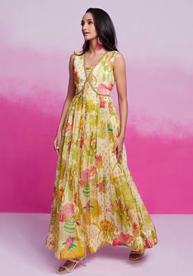 Lime yellow printed organza gown with handwork 3