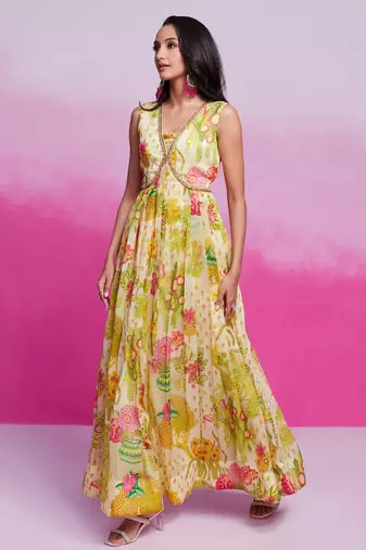 Lime yellow printed organza gown with handwork