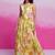 Lime yellow printed organza gown with handwork