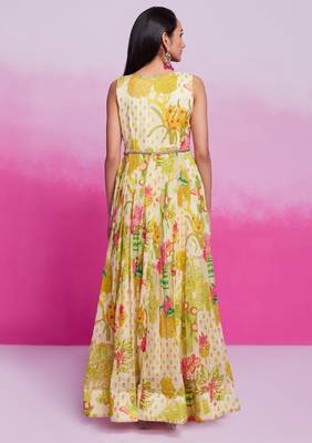 Lime yellow printed organza gown with handwork 5