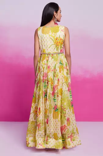 Lime yellow printed organza gown with handwork