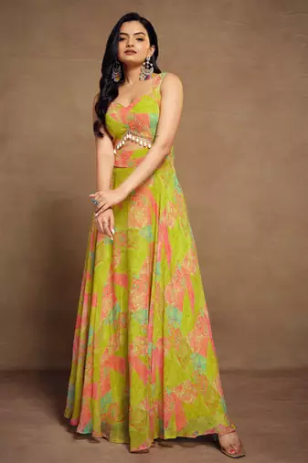 Light green digital printed georgette party wear gown