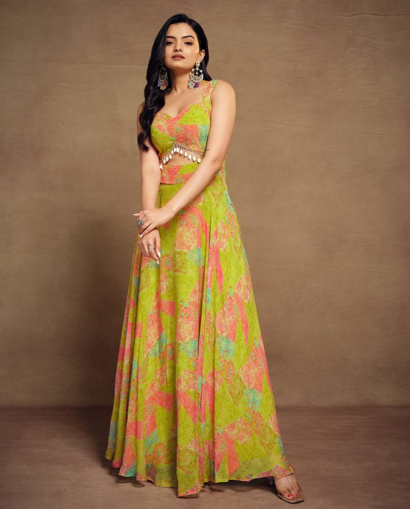 Light green digital printed georgette party wear gown