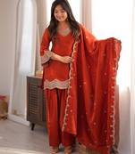 Women's rust orange glass roman silk embroidered kurta farshi shalwar set with shawl style dupatta