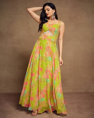 Light green digital printed georgette party wear gown 2