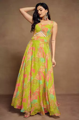 Light green digital printed georgette party wear gown