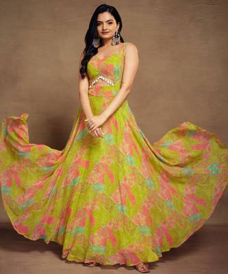 Light green digital printed georgette party wear gown 3