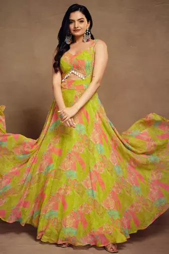 Light green digital printed georgette party wear gown
