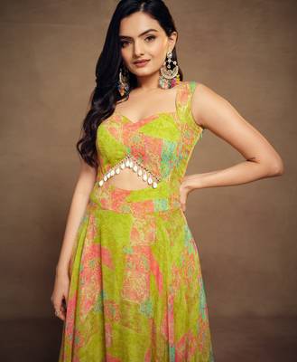 Light green digital printed georgette party wear gown 4