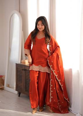 Women's rust orange glass roman silk embroidered kurta farshi shalwar set with shawl style dupatta 2