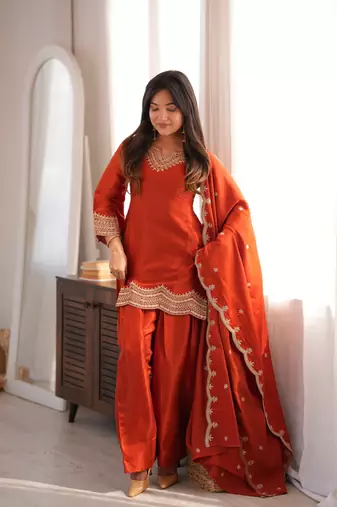 Women's rust orange glass roman silk embroidered kurta farshi shalwar set with shawl style dupatta
