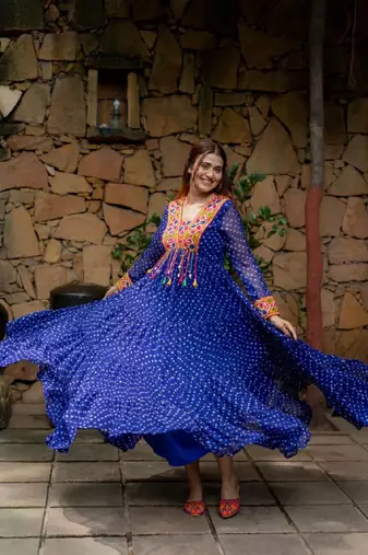 Navratri special blue georgette bandhani printed gown