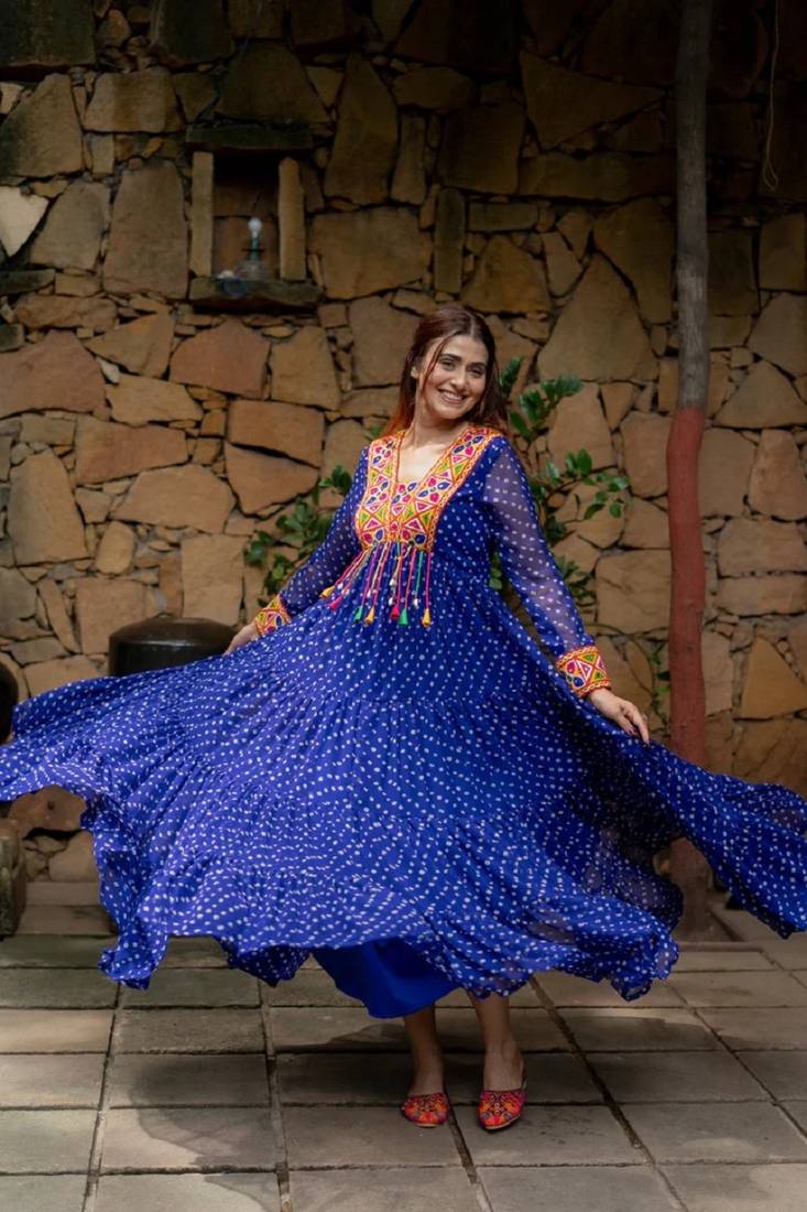 Navratri special blue georgette bandhani printed gown