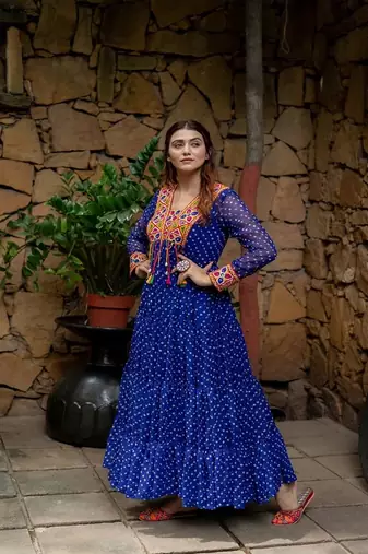 Navratri special blue georgette bandhani printed gown
