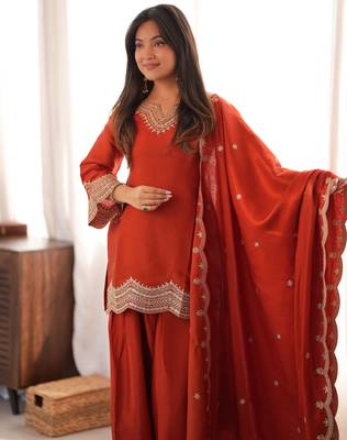 Women's rust orange glass roman silk embroidered kurta farshi shalwar set with shawl style dupatta 3