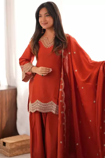Women's rust orange glass roman silk embroidered kurta farshi shalwar set with shawl style dupatta