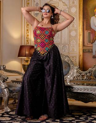 Black designer embroidered bangalori silk top with pure butti flairy palazzo set 1