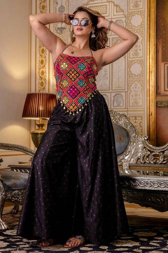Black designer embroidered bangalori silk top with pure butti flairy palazzo set