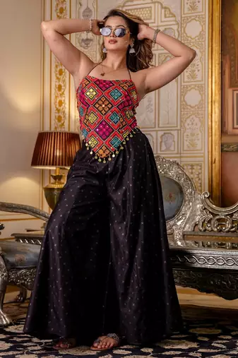Black designer embroidered bangalori silk top with pure butti flairy palazzo set