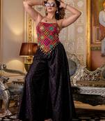 Black designer embroidered bangalori silk top with pure butti flairy palazzo set