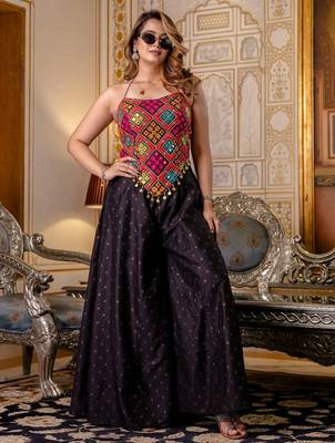 Black designer embroidered bangalori silk top with pure butti flairy palazzo set 2
