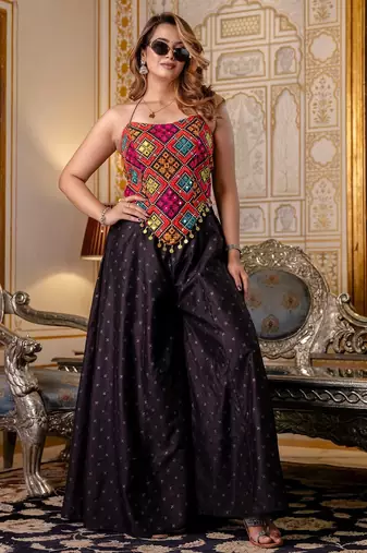 Black designer embroidered bangalori silk top with pure butti flairy palazzo set