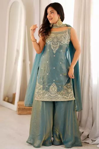 Women's heavy fendy silk embroidered kurta sharara set with belt style dupatta ready to wear