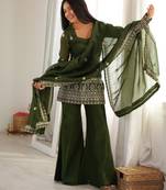 Women's olive green crunchy silk embroidered kurta bell bottom pant set with lace border dupatta