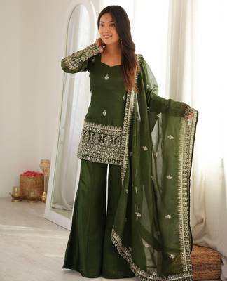 Women's olive green crunchy silk embroidered kurta bell bottom pant set with lace border dupatta 2