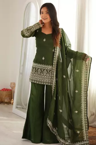 Women's olive green crunchy silk embroidered kurta bell bottom pant set with lace border dupatta