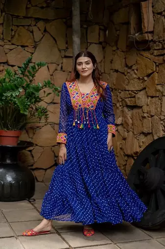 Navratri special blue georgette bandhani printed gown