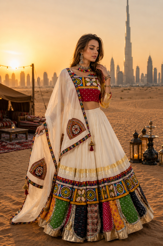 Cream Rayon Cotton Navratri Lehenga Choli with Kutchi Work & Mirror Dupatta