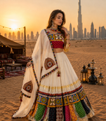 Cream Rayon Cotton Navratri Lehenga Choli with Kutchi Work & Mirror Dupatta