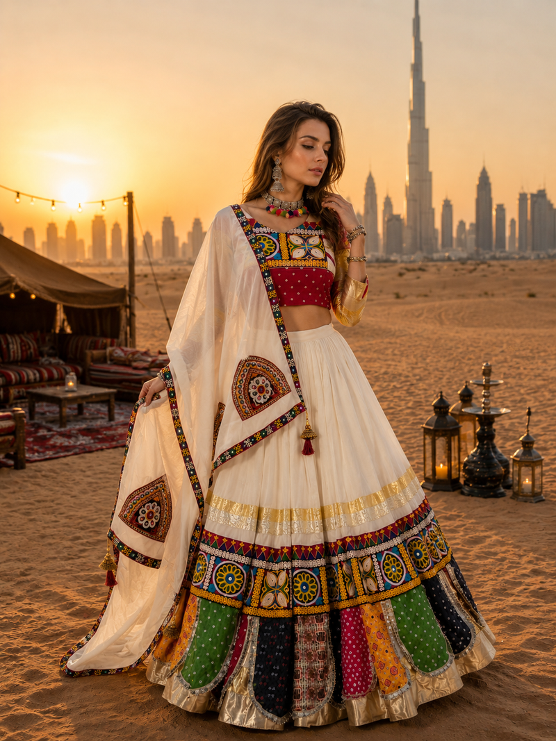 Cream Rayon Cotton Navratri Lehenga Choli with Kutchi Work & Mirror Dupatta