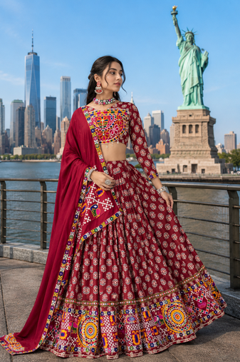 Maroon Rayon Cotton Navratri Lehenga Choli with Mirror Work With dupatta